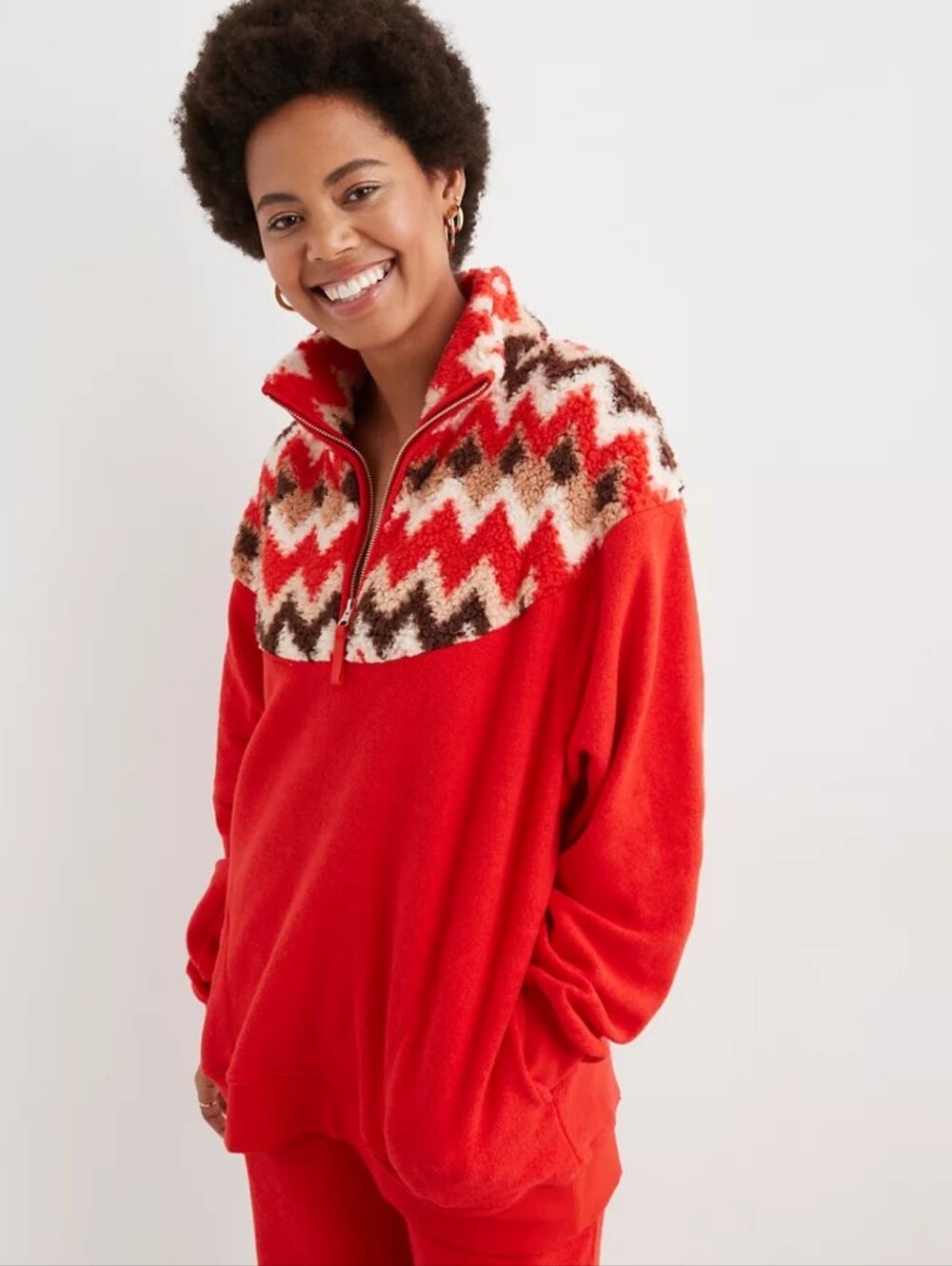 Aerie Oversized Red Chevron Quarter Zip Sherpa Sweatshirt Pullover - XS Womens